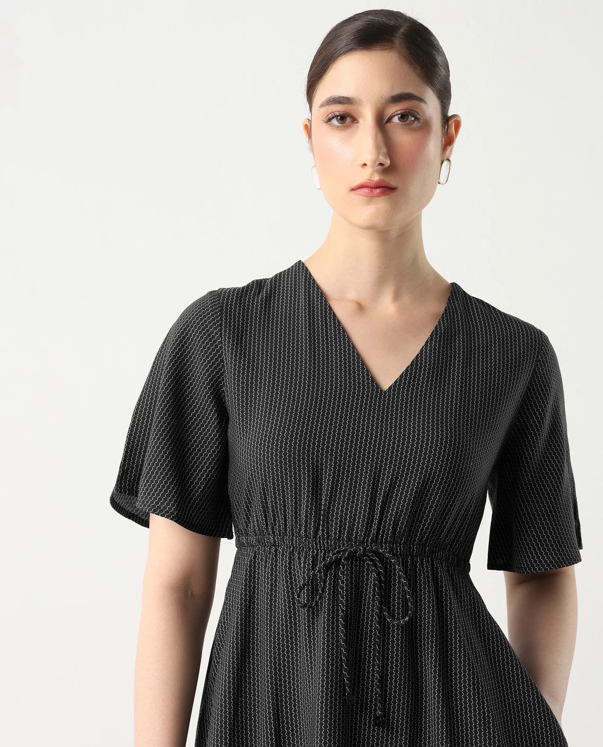 Rareism Women's Eloys Black Viscose V-Neck Flared Printed Midi Dress | RAREISM at Broadway