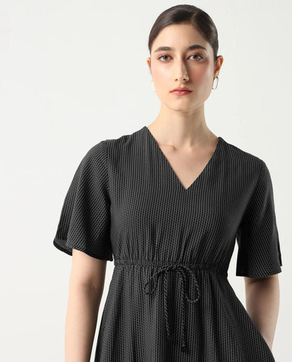 Rareism Women's Eloys Black Viscose V-Neck Flared Printed Midi Dress | RAREISM at Broadway