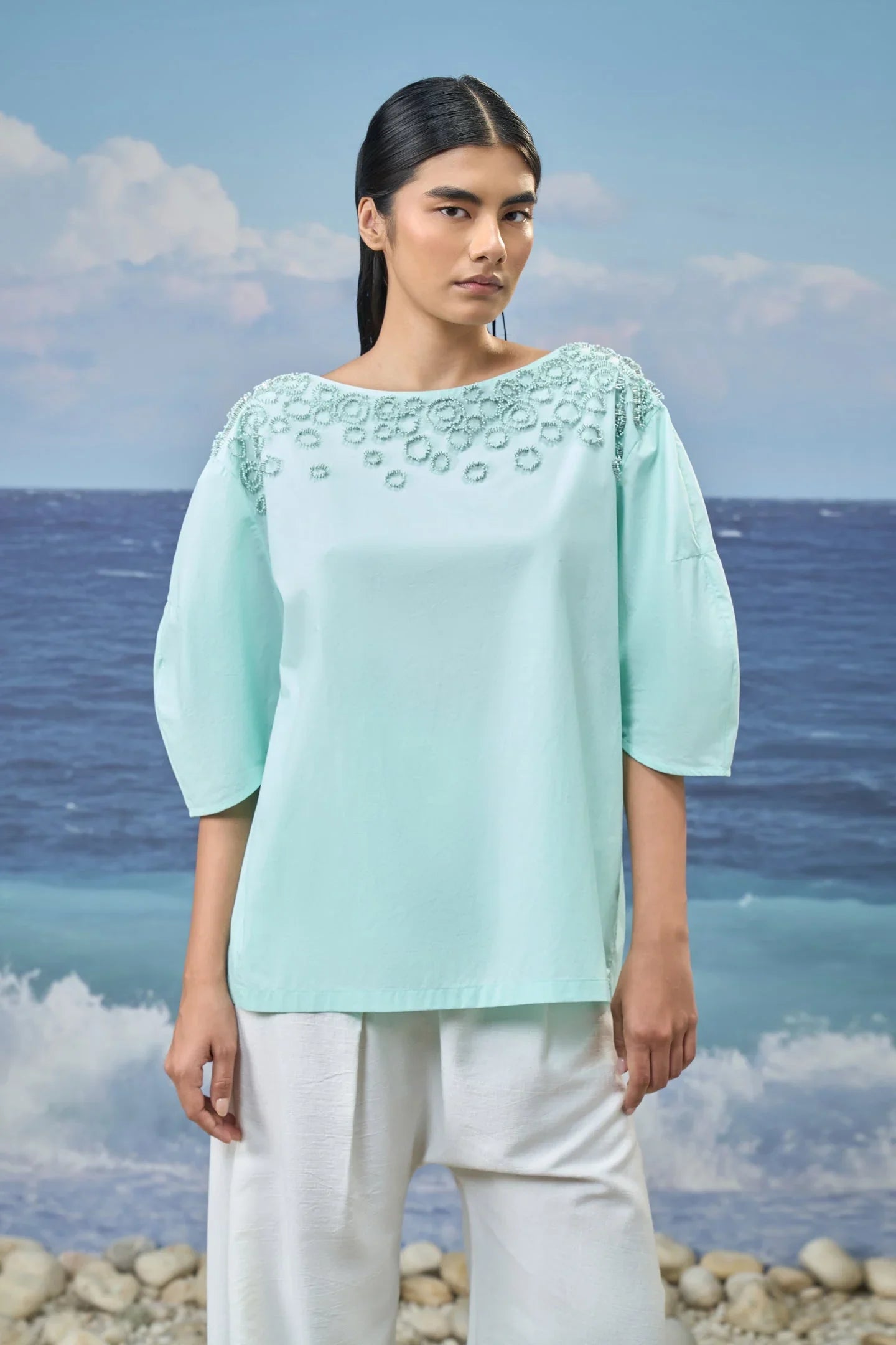 Embroidered Elbow-Sleeve Top in Premium Cotton Poplin – Mint Green