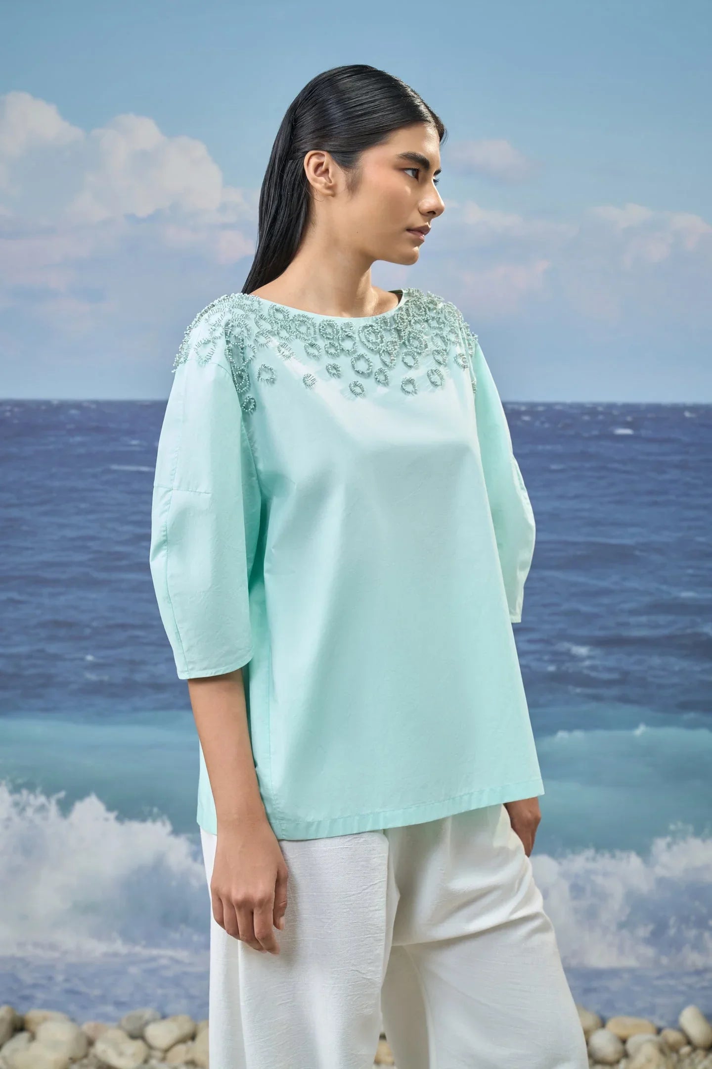 Embroidered Elbow-Sleeve Top in Premium Cotton Poplin – Mint Green