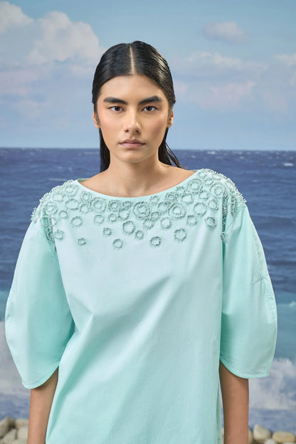 Embroidered Elbow-Sleeve Top in Premium Cotton Poplin – Mint Green