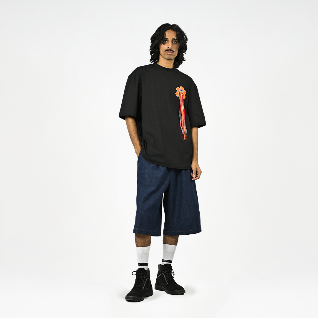 Hand-embroidered floral t-shirt (Black) | Huemn at Broadway