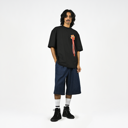 Hand-embroidered floral t-shirt (Black) | Huemn at Broadway
