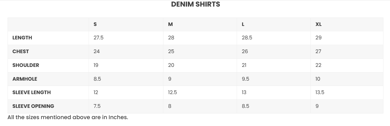 Size Chart for Black Spray Advisory Denim Shirt