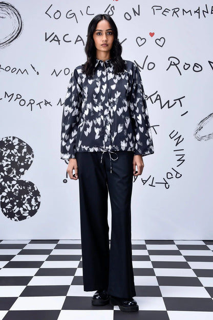 Heart Print Oversized Shirt - Black