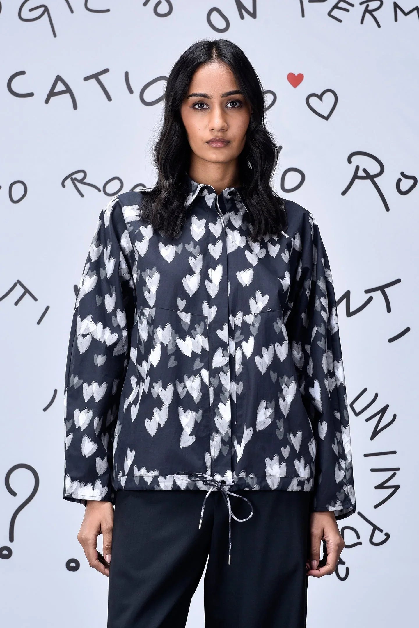 Heart Print Oversized Shirt - Black