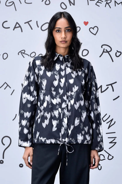 Heart Print Oversized Shirt - Black