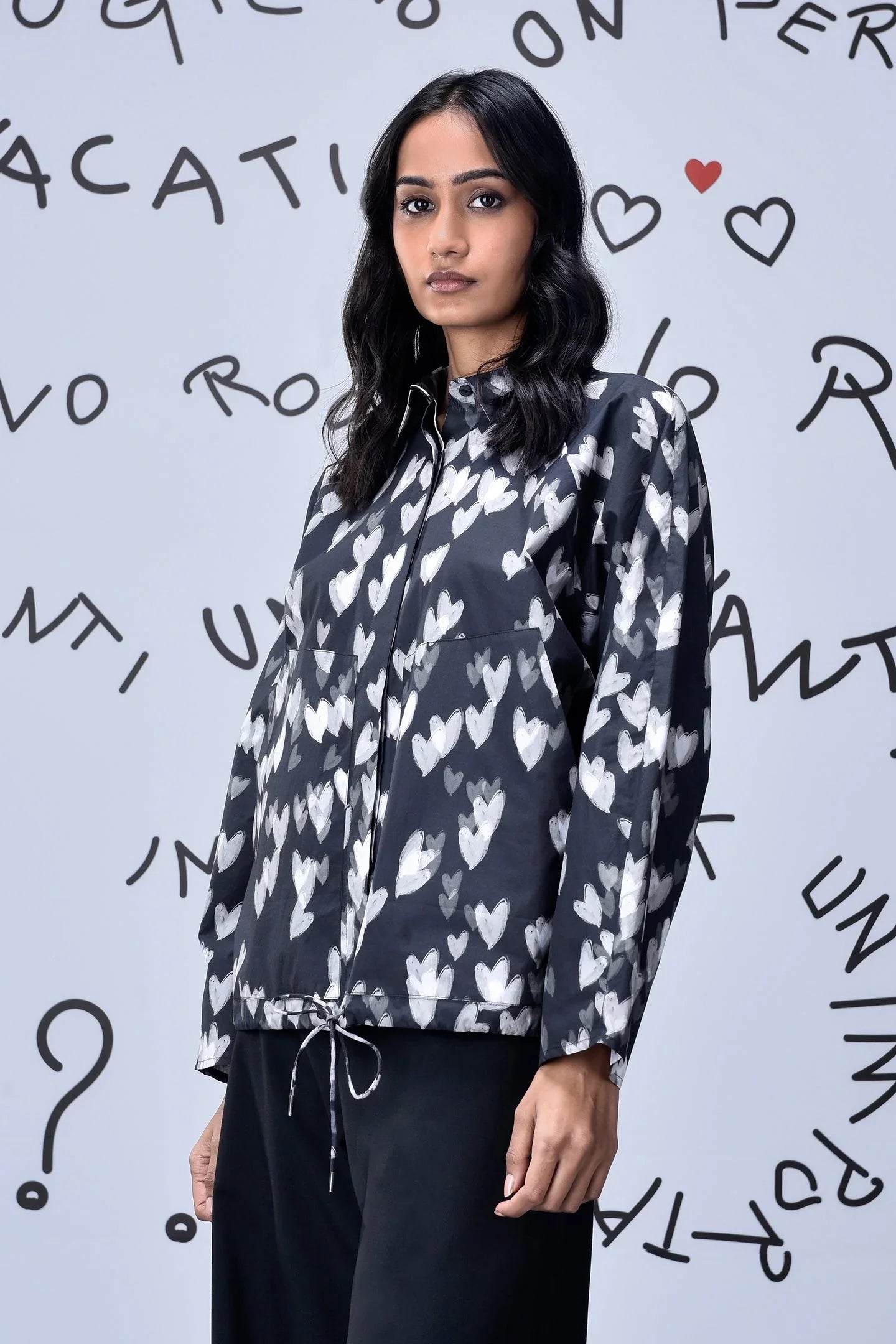 Heart Print Oversized Shirt - Black