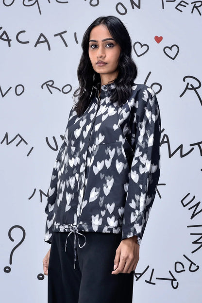 Heart Print Oversized Shirt - Black