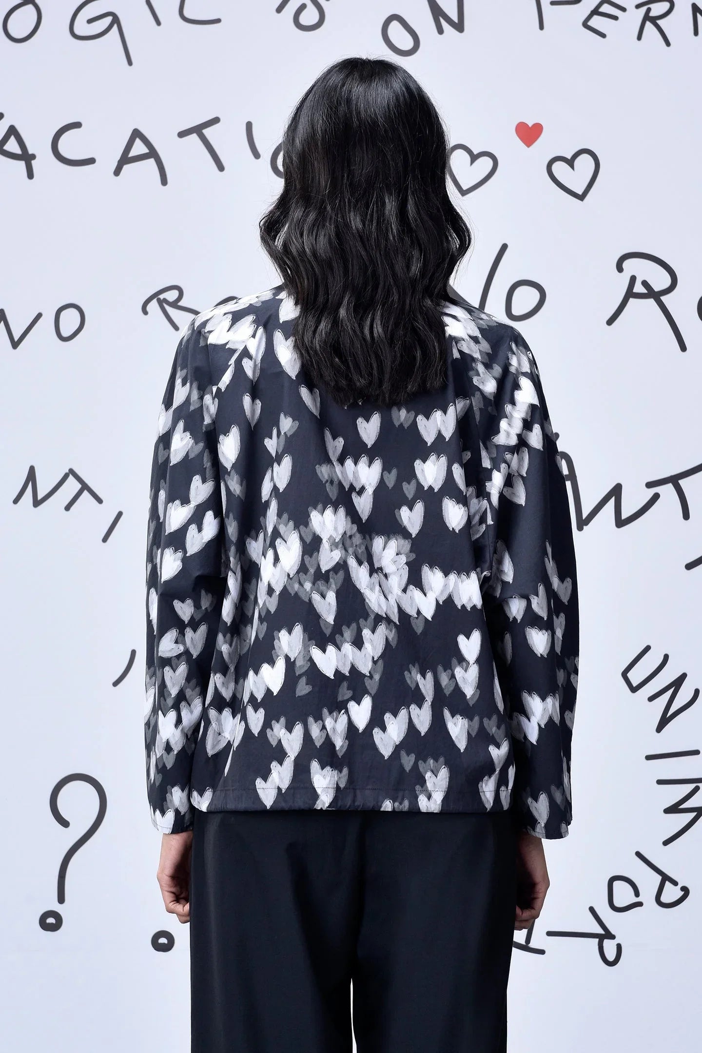 Heart Print Oversized Shirt - Black