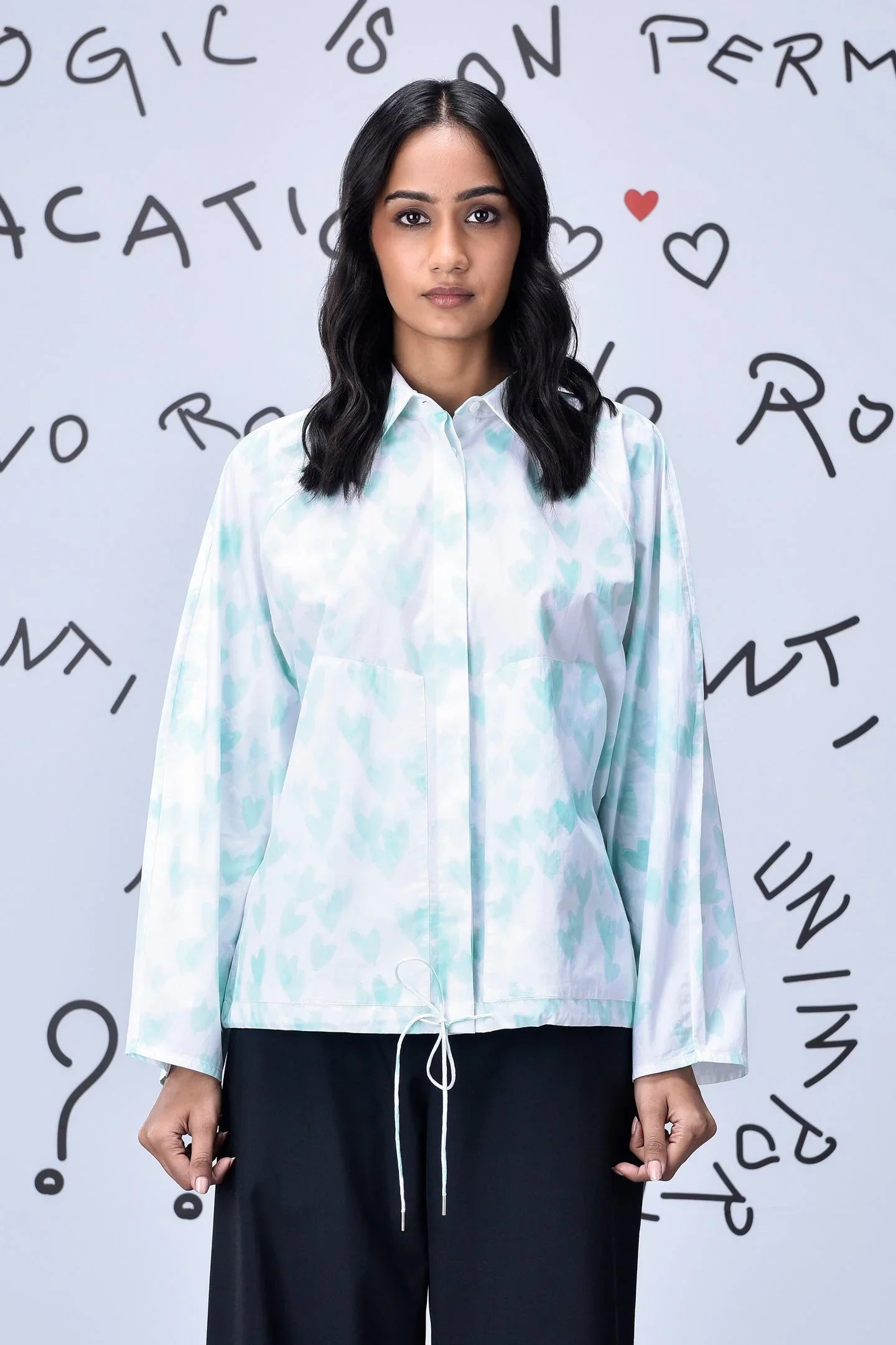 Heart Print Oversized Shirt - Nile Green