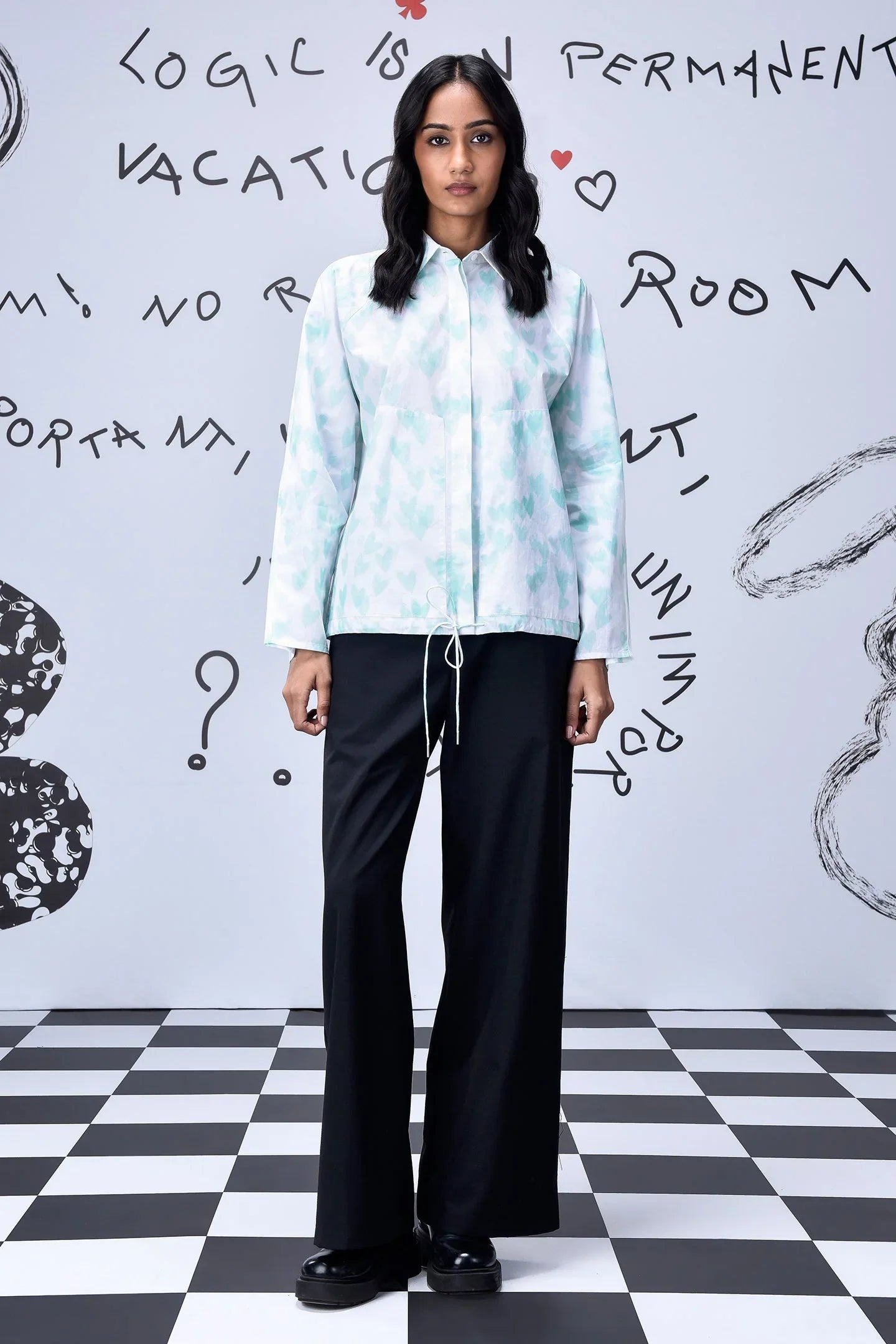 Heart Print Oversized Shirt - Nile Green