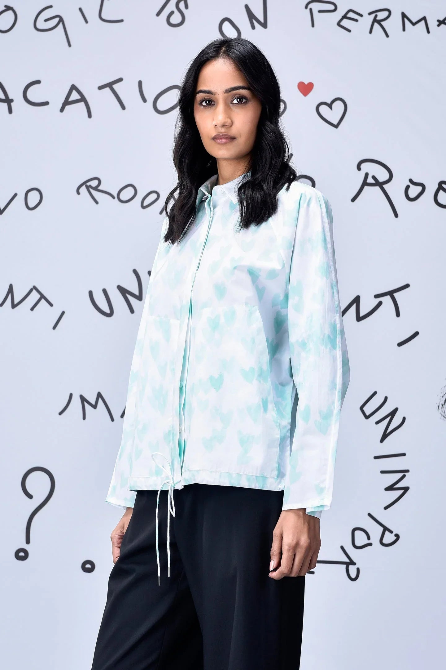 Heart Print Oversized Shirt - Nile Green