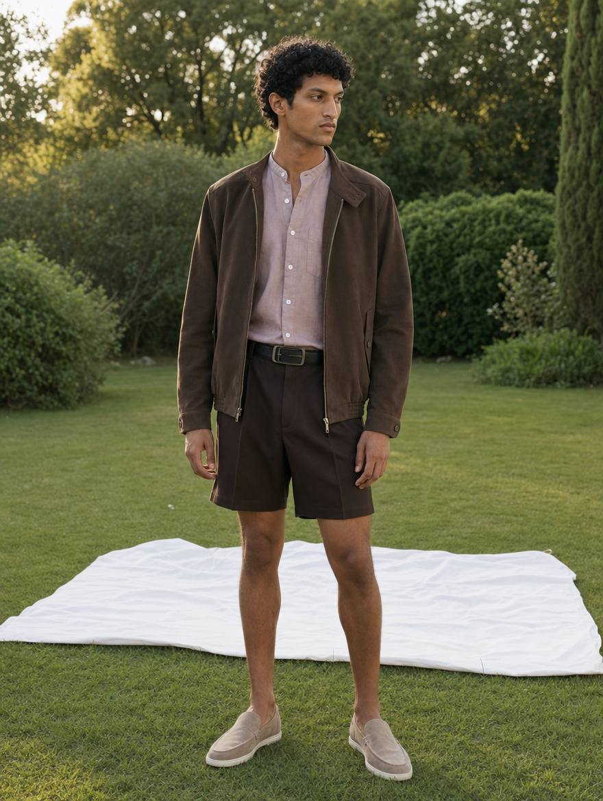 Bare Brown Mandarin Collar Cotton Linen Shirt, Slim Fit with Half Sleeves - Beige