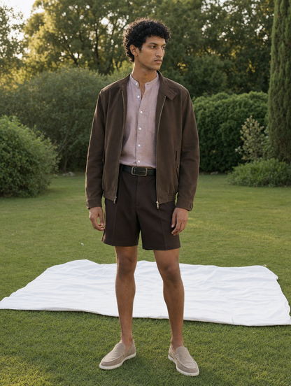 Bare Brown Mandarin Collar Cotton Linen Shirt, Slim Fit with Half Sleeves - Beige