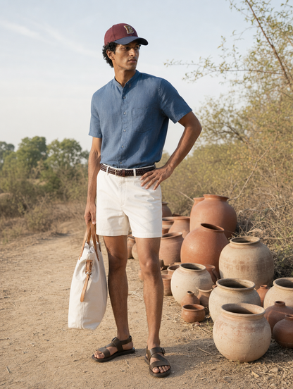 Bare Brown Mandarin Collar Cotton Linen Shirt, Slim Fit with Half Sleeves - Navy