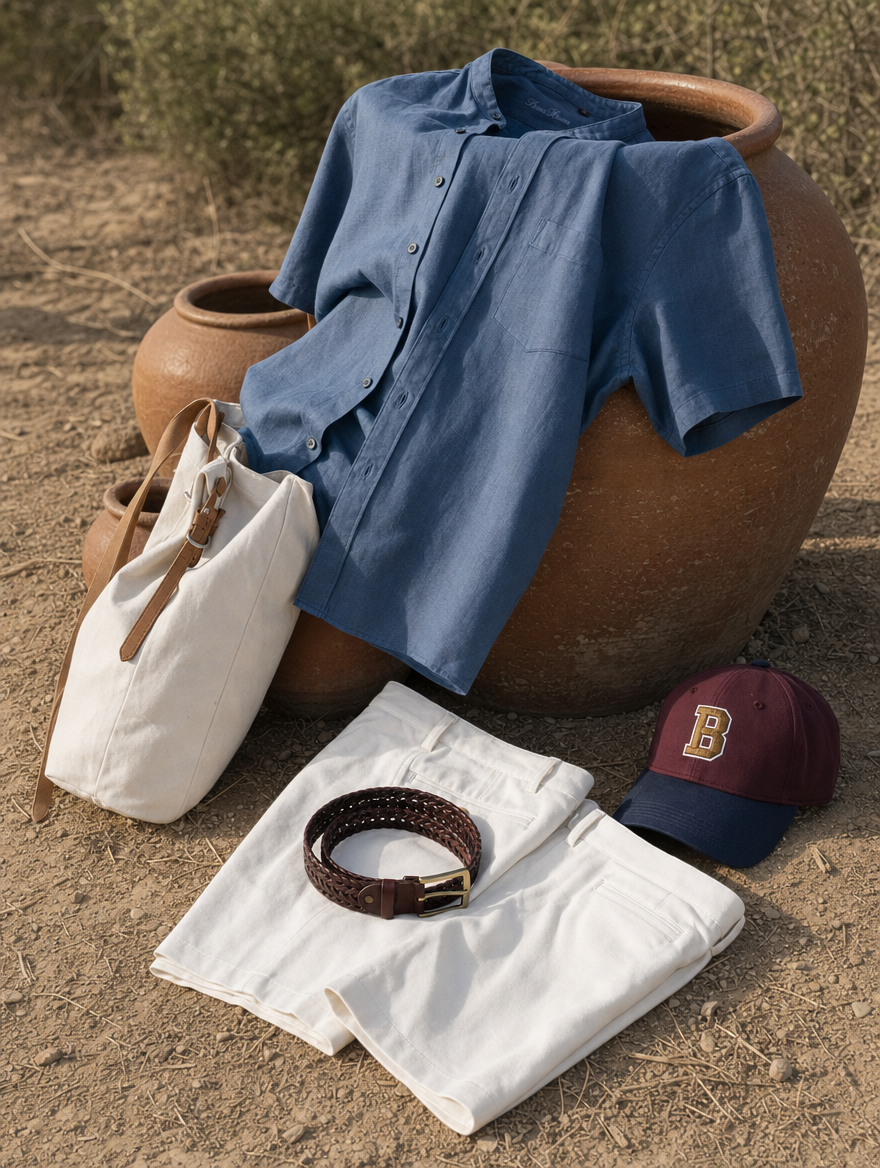 Bare Brown Mandarin Collar Cotton Linen Shirt, Slim Fit with Half Sleeves - Navy