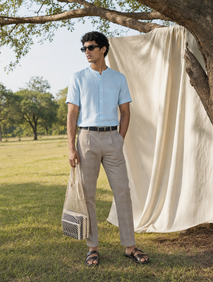 Bare Brown Mandarin Collar Cotton Linen Shirt, Slim Fit with Half Sleeves - Sky Blue