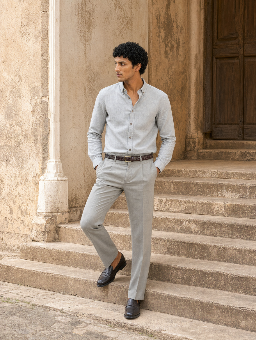 Bare Brown Button Down Collar Cotton Linen Shirt, Slim Fit with Full Sleeves - Beige