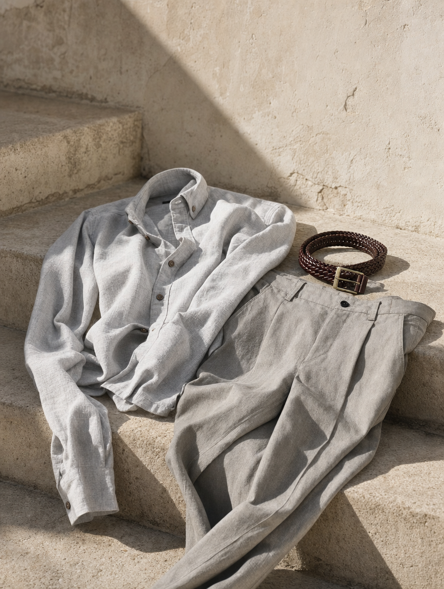 Bare Brown Button Down Collar Cotton Linen Shirt, Slim Fit with Full Sleeves - Beige