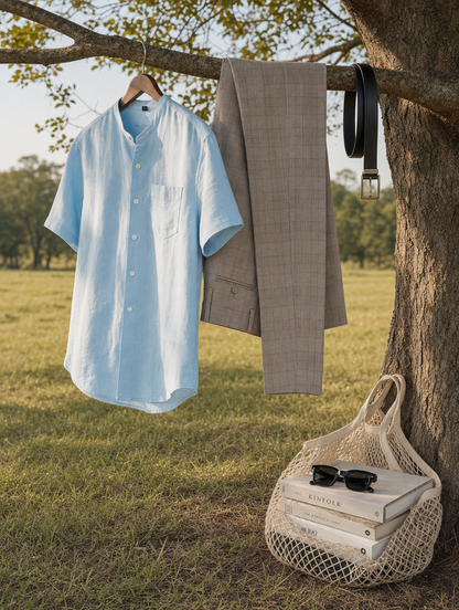 Bare Brown Mandarin Collar Cotton Linen Shirt, Slim Fit with Half Sleeves - Sky Blue