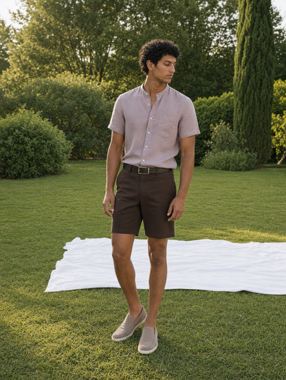 Bare Brown Mandarin Collar Cotton Linen Shirt, Slim Fit with Half Sleeves - Beige