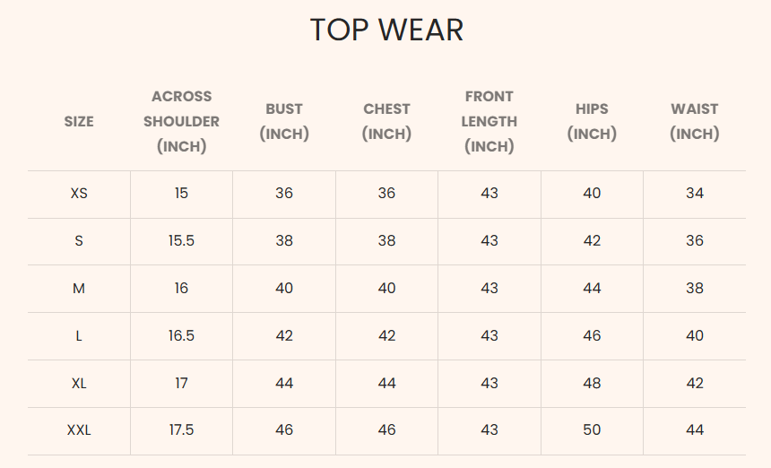 Size Chart for Muskaan in Falak Kashmiri Long Kurta - Pink
