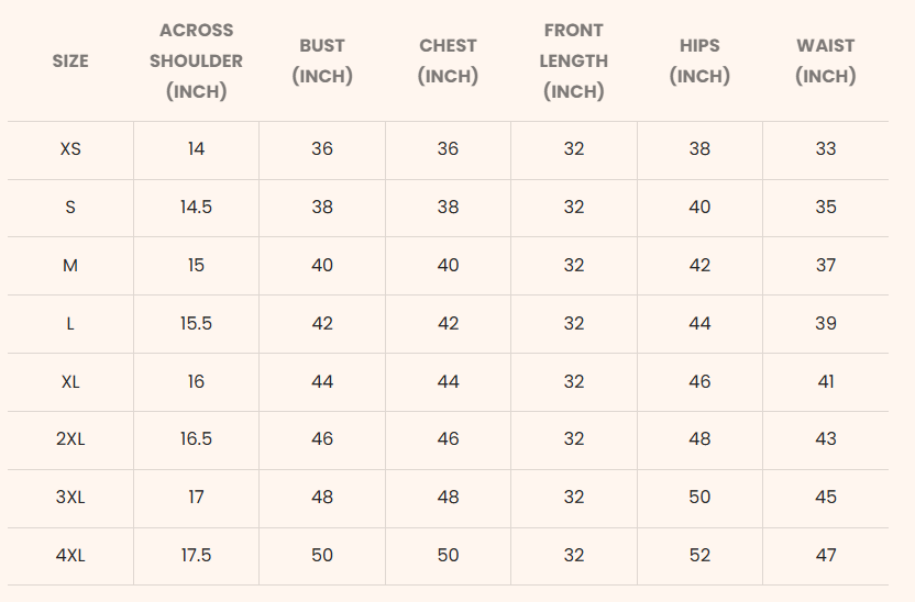 Size Chart for Pralambika in Kashmiri Aari Work Cotton Kurta Jacket – Sky Blue