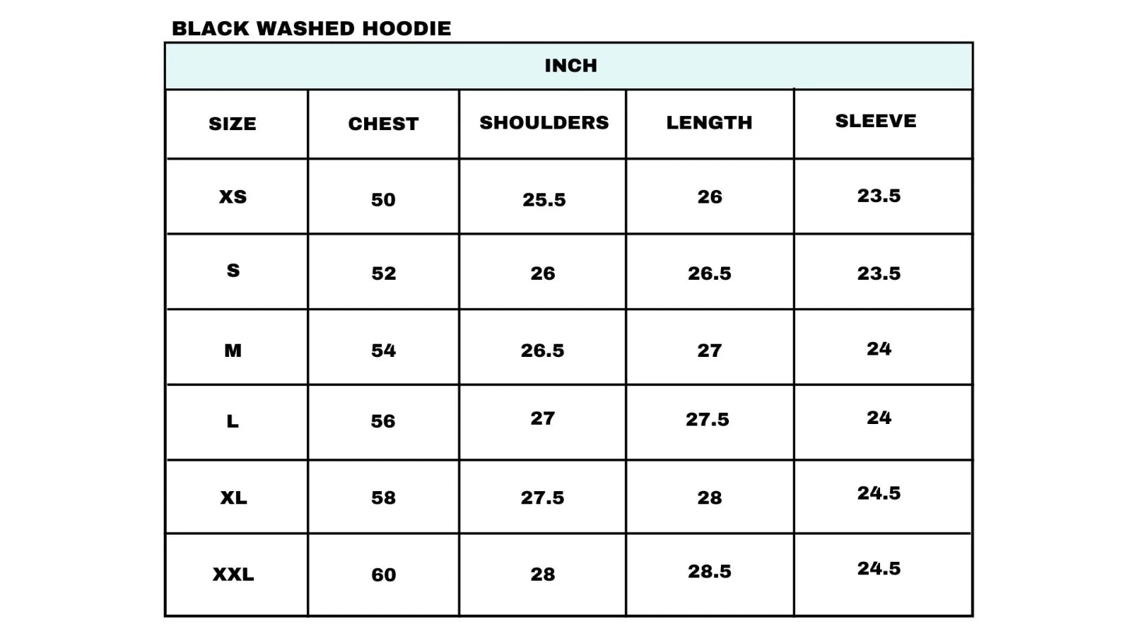 Size Chart for Acid Wash Grey Hoodie