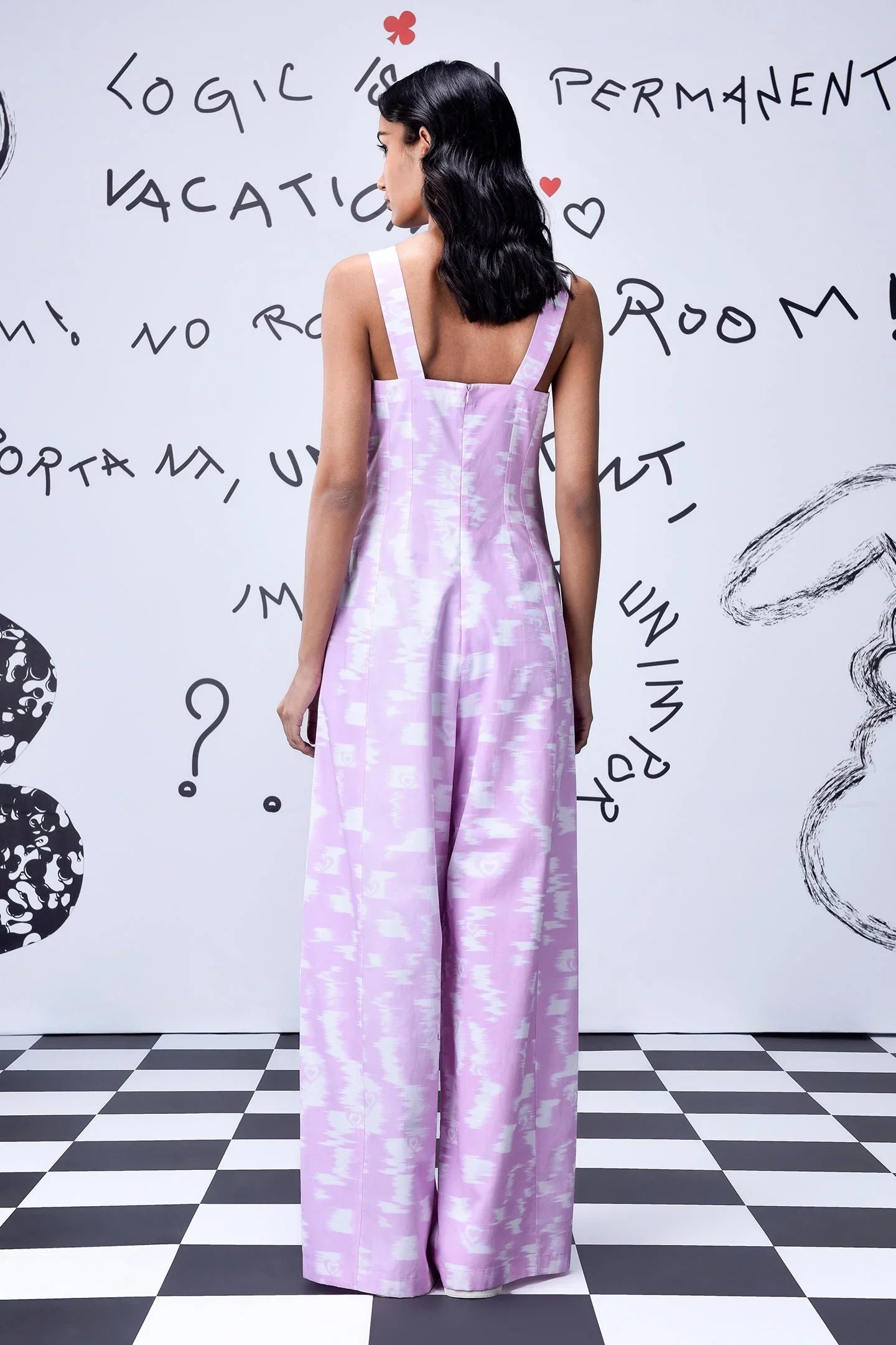 Ikkat Check Relaxed Fit Dungaree- Smoothie Pink