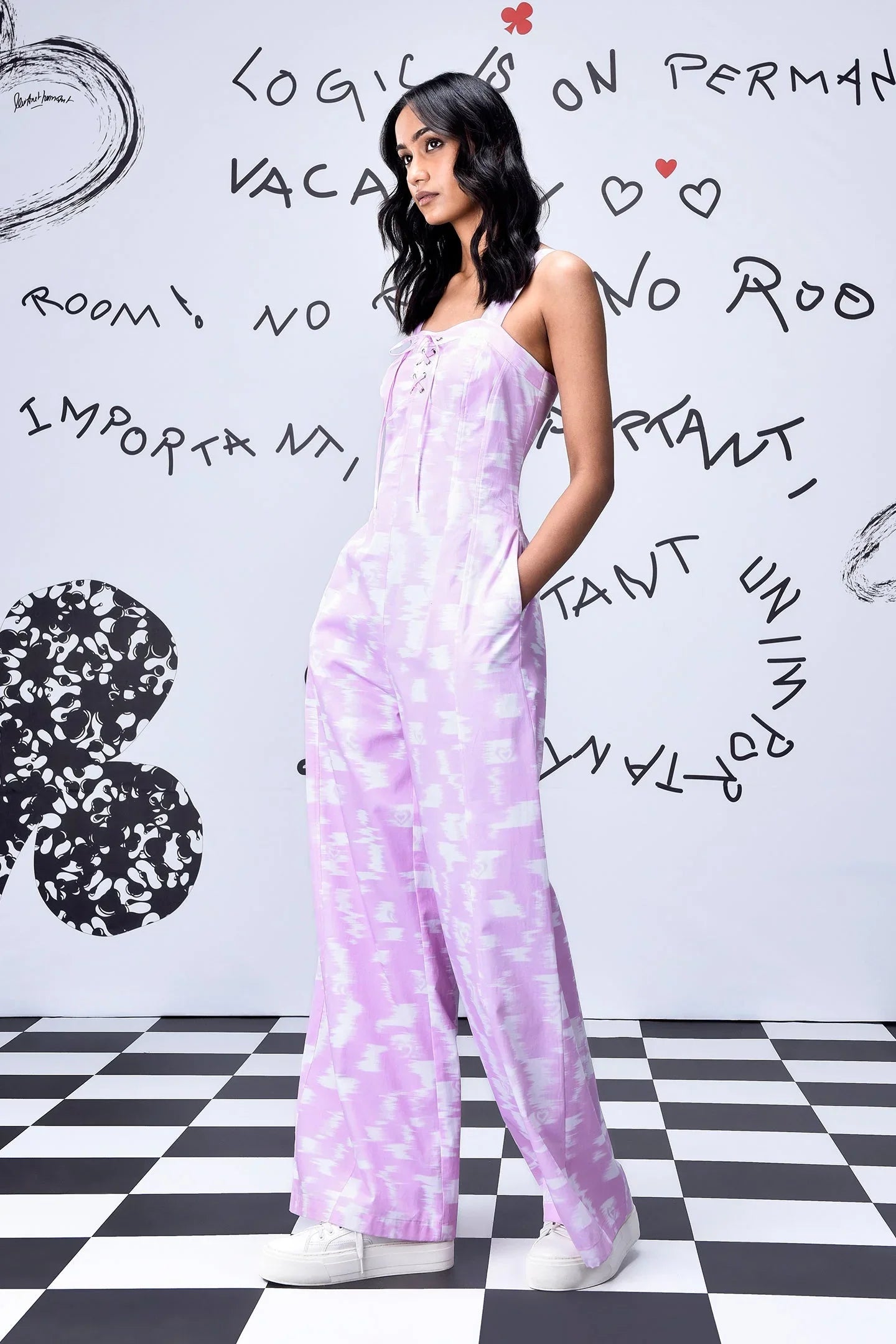 Ikkat Check Relaxed Fit Dungaree- Smoothie Pink