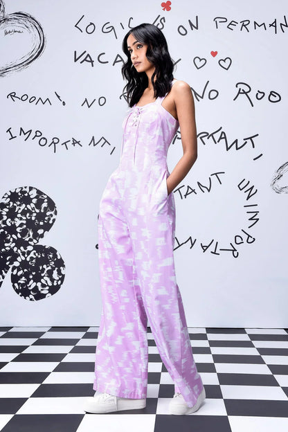 Ikkat Check Relaxed Fit Dungaree- Smoothie Pink