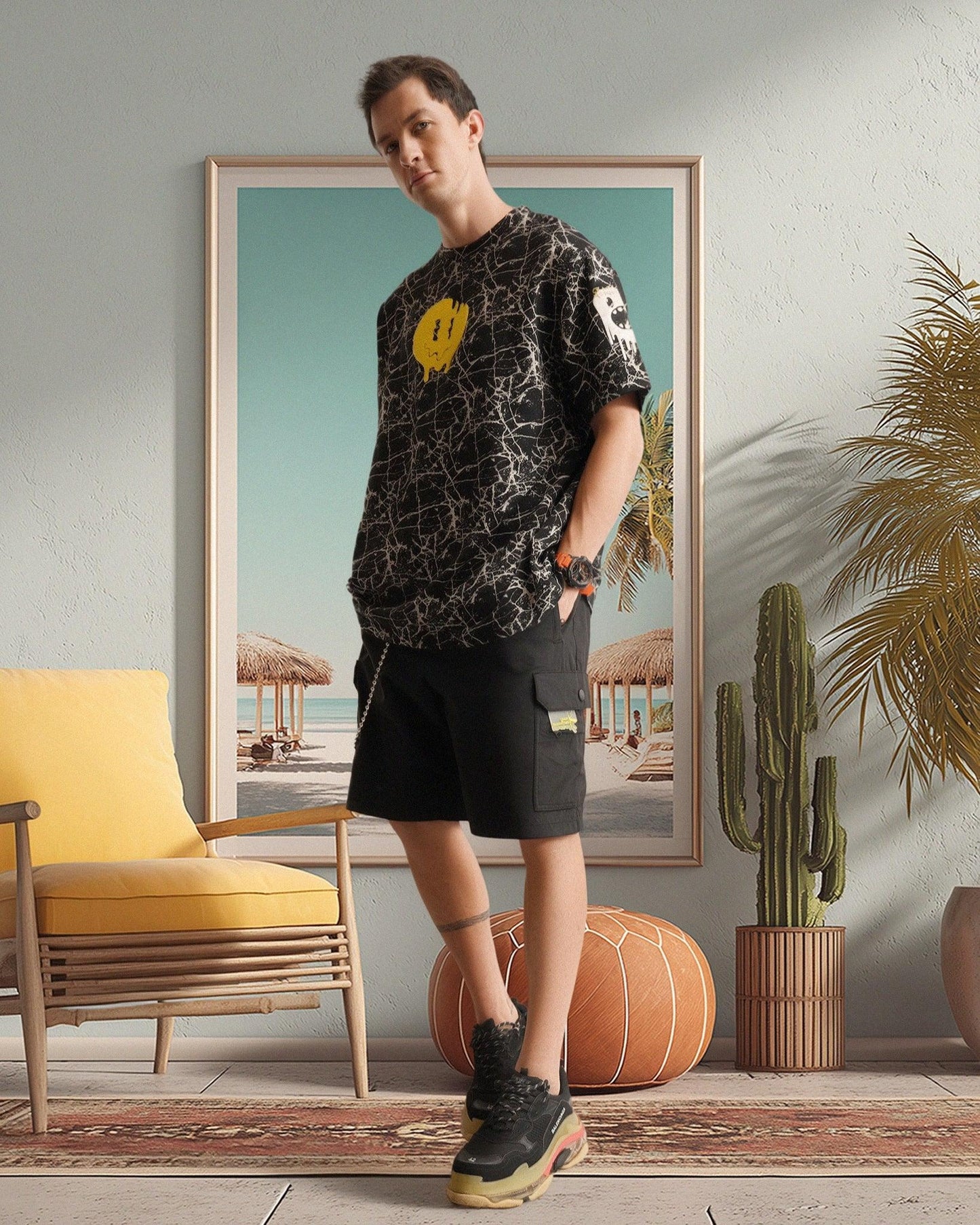 Grumpy Face Embroidered Terry Free Size Tee in Black