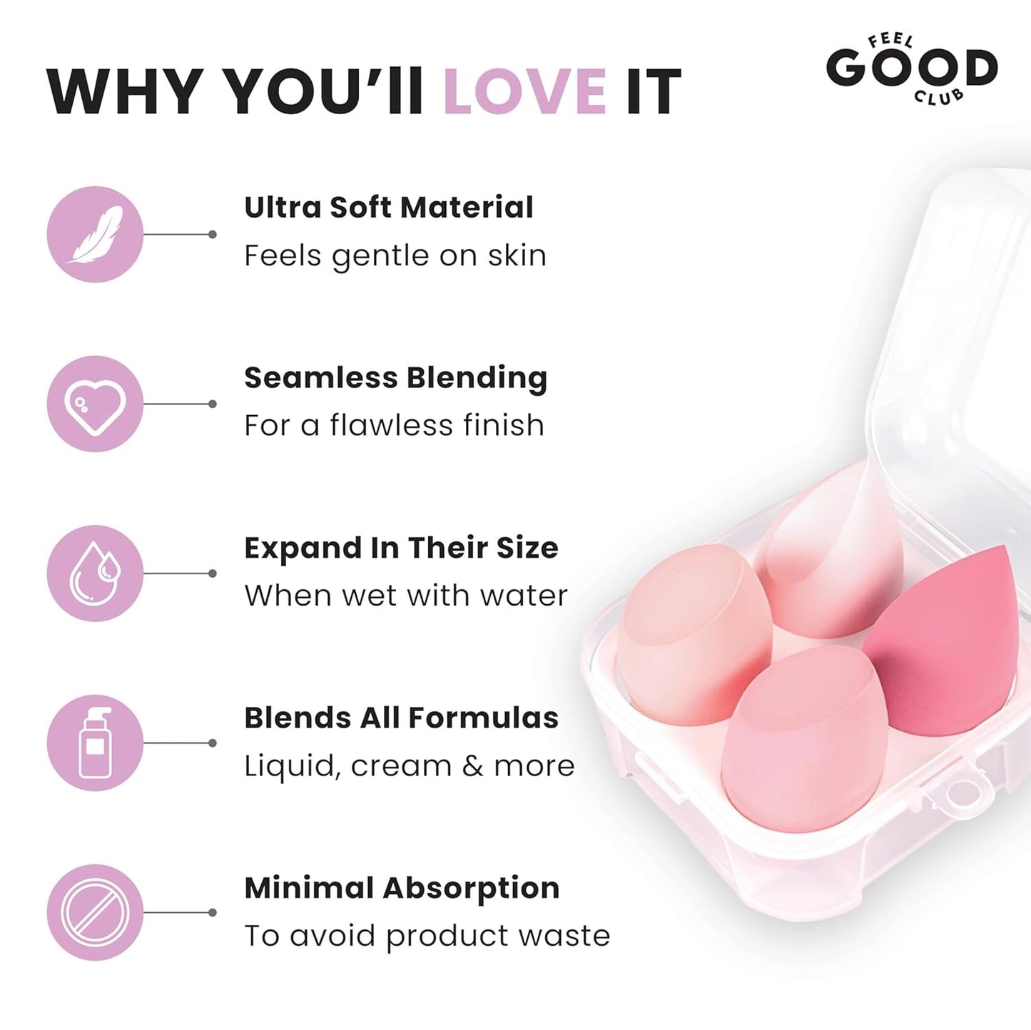Feel Good Club Blender Bakery - 4 Makeup Sponges In Box (Beauty Applicator Puffs & Storage Case)