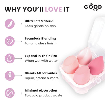Feel Good Club Blender Bakery - 4 Makeup Sponges In Box (Beauty Applicator Puffs & Storage Case)