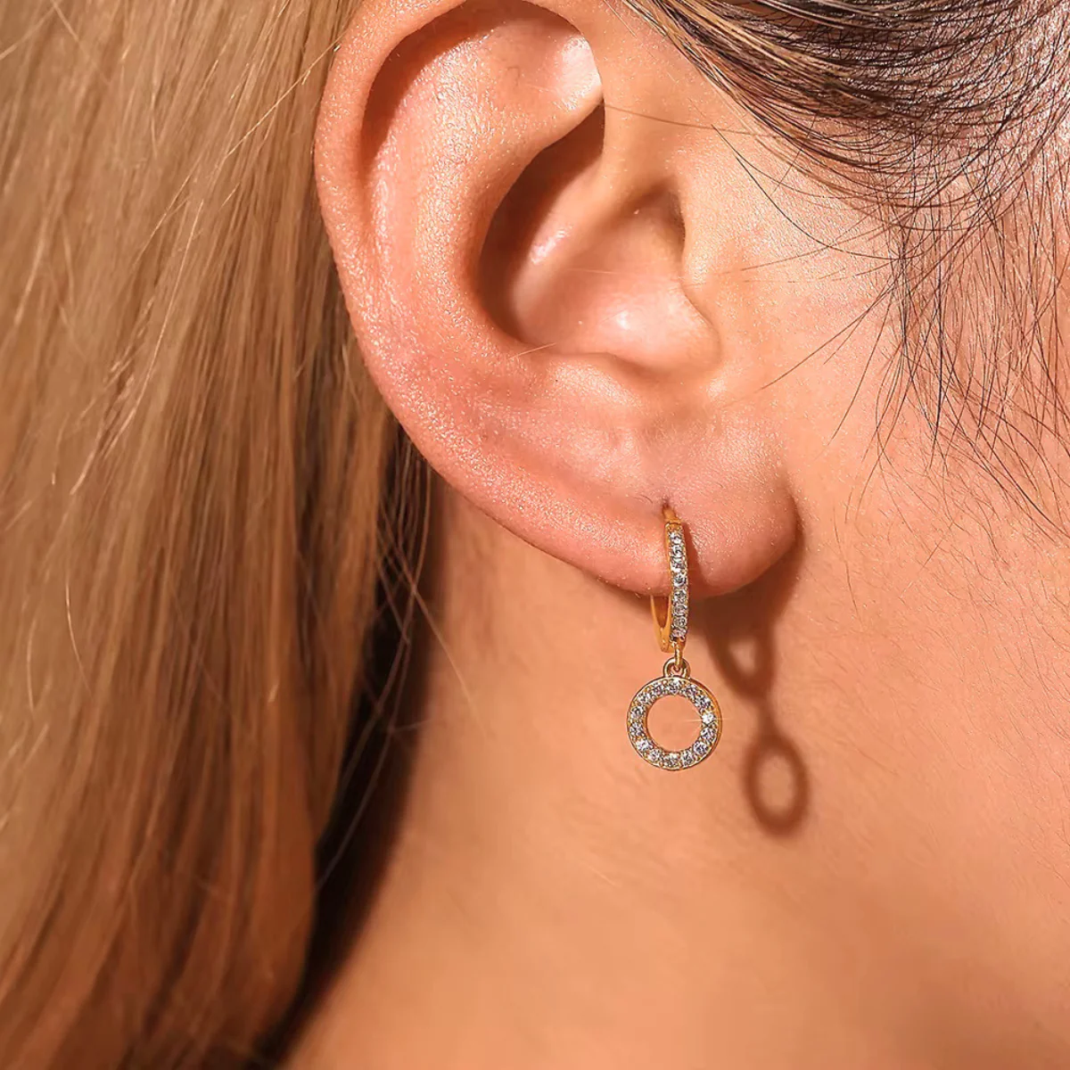 18K gold plated Elegant Crystal Halo Drop Hoop Earrings, Viviette