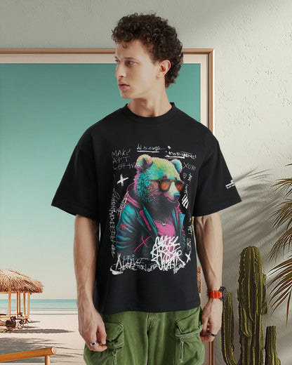 Psy Bear Terry Drop Shoulder T-Shirt in Black