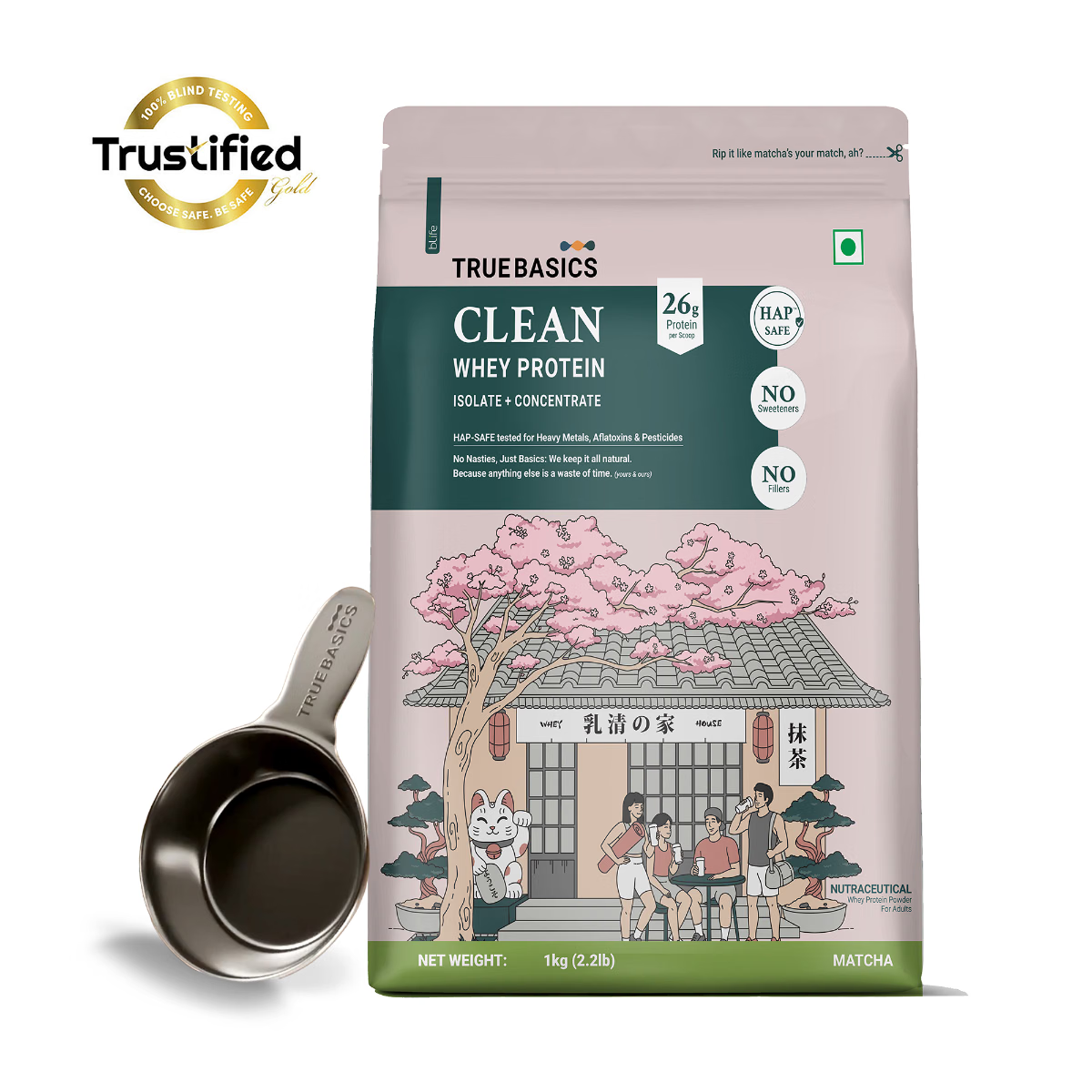 TrueBasics Clean Whey Protein Powder Isolate & Concentrate Blend (Matcha, 1kg)