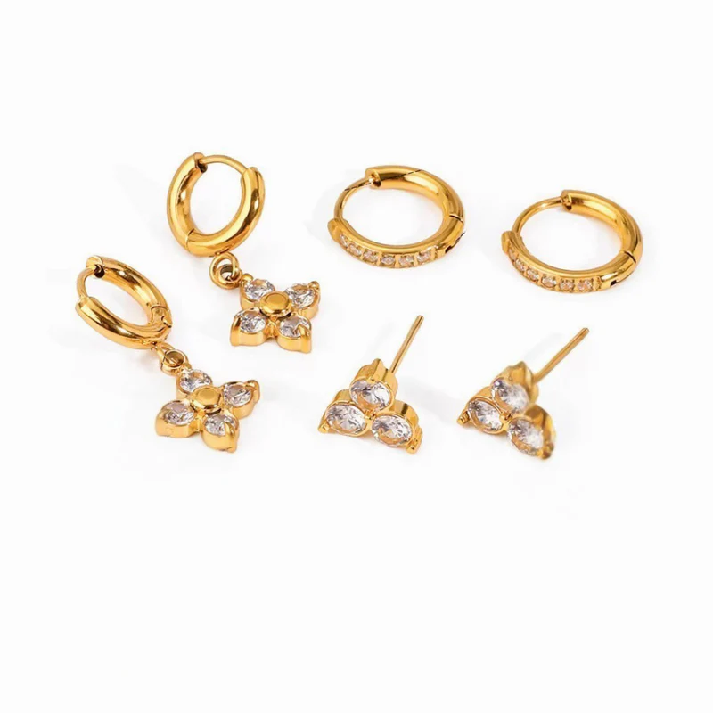 18KT Gold Plated Set of Three Flower and Golden Hoops Stainless Steel Waterproof Earrings Set, Liana
