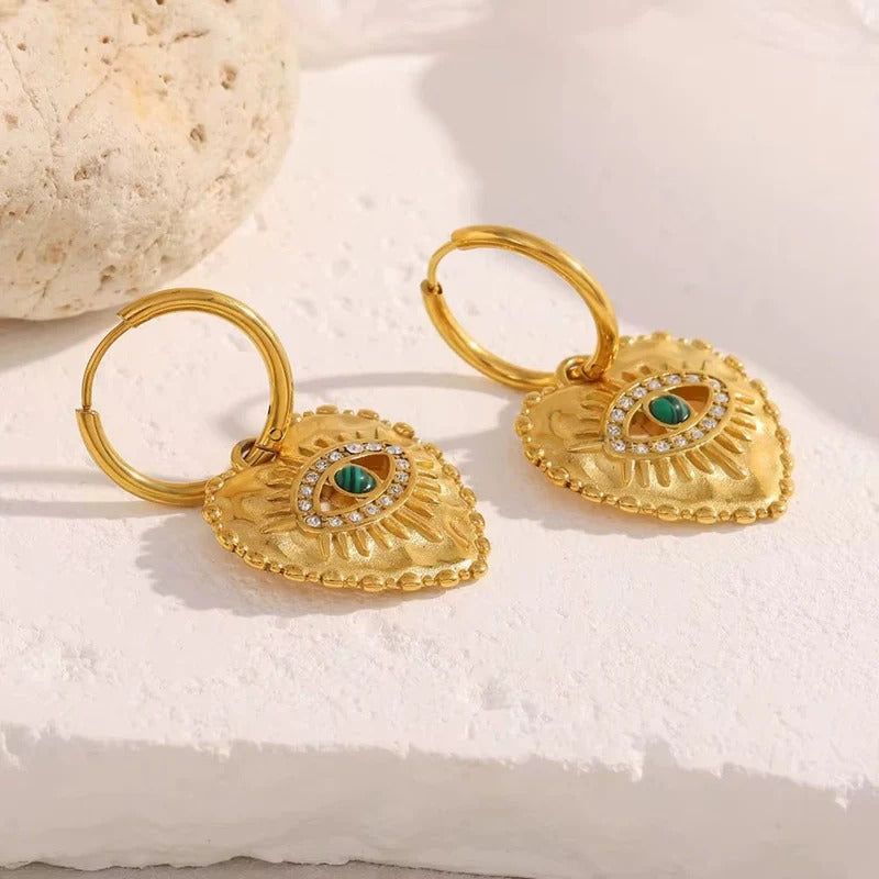 18K Gold Plated Heart Evil Eye Hoop Earrings with Malachite, Rhea