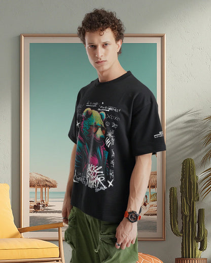 Psy Bear Terry Drop Shoulder T-Shirt in Black