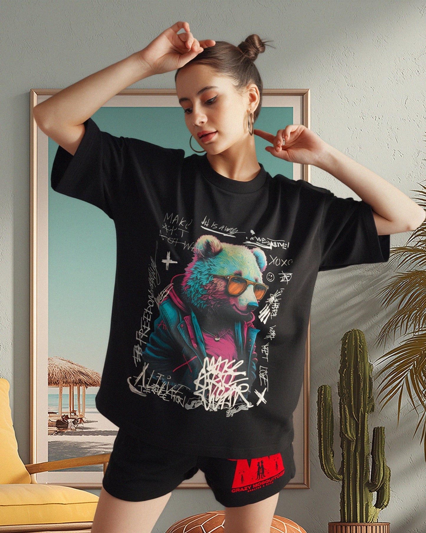 Psy Bear Terry Drop Shoulder T-Shirt in Black