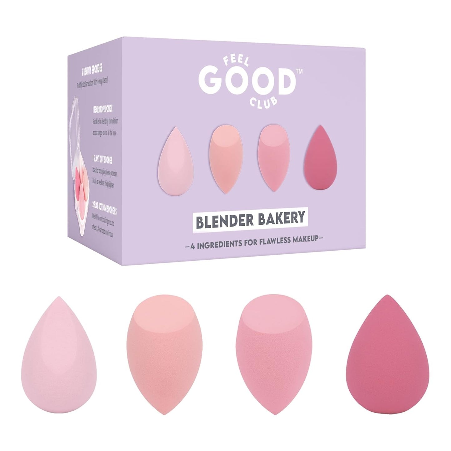 Feel Good Club Blender Bakery - 4 Makeup Sponges In Box (Beauty Applicator Puffs & Storage Case)