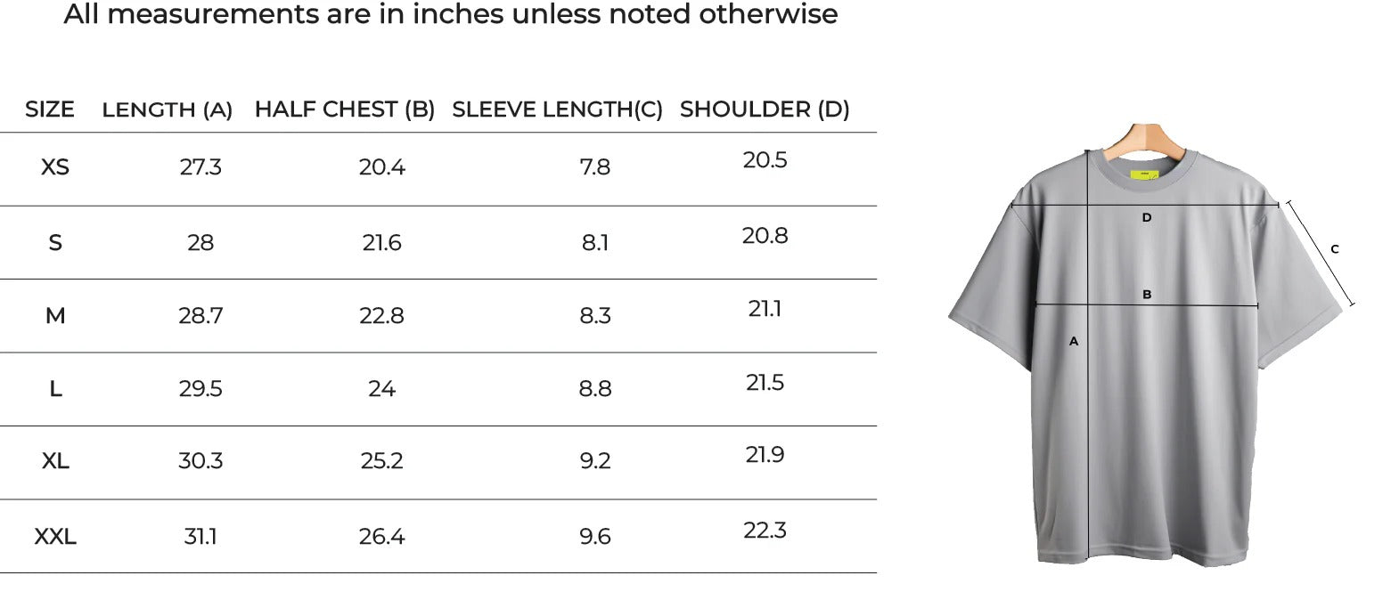 Size Chart for Mumbai Terry Drop Shoulder T-Shirt in Black