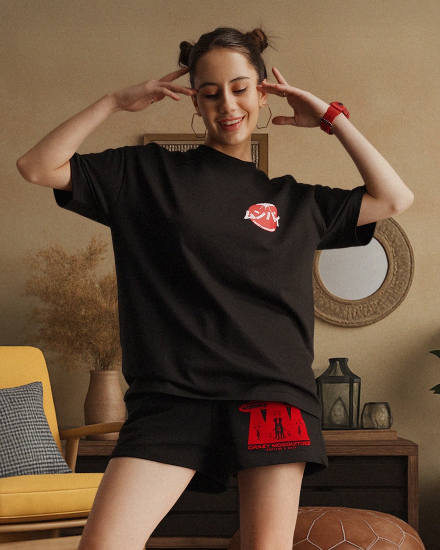Mumbai Terry Drop Shoulder T-Shirt in Black