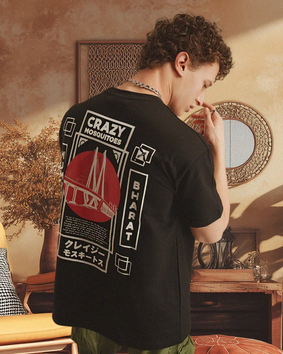 Mumbai Terry Drop Shoulder T-Shirt in Black