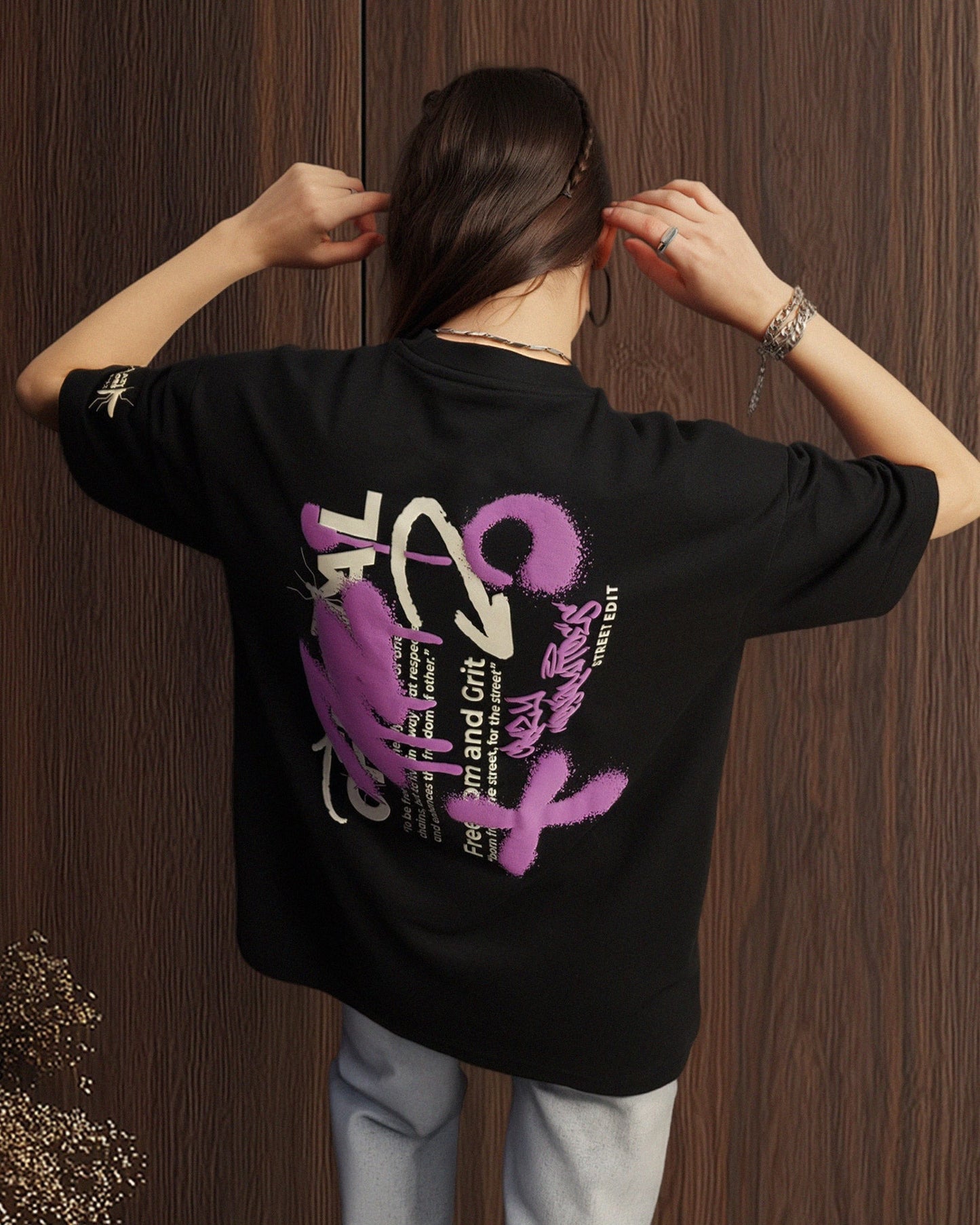 Back Graffti print Drop Shoulder Crew Neck T-Shirt