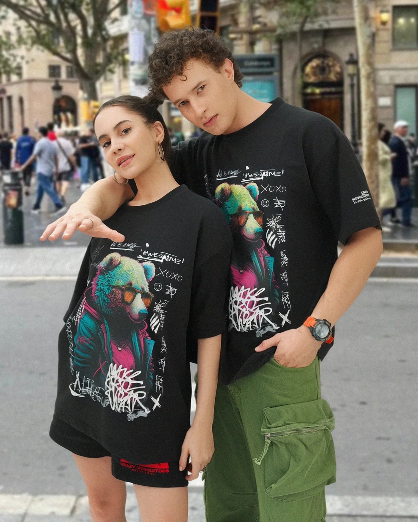 Psy Bear Terry Drop Shoulder T-Shirt in Black