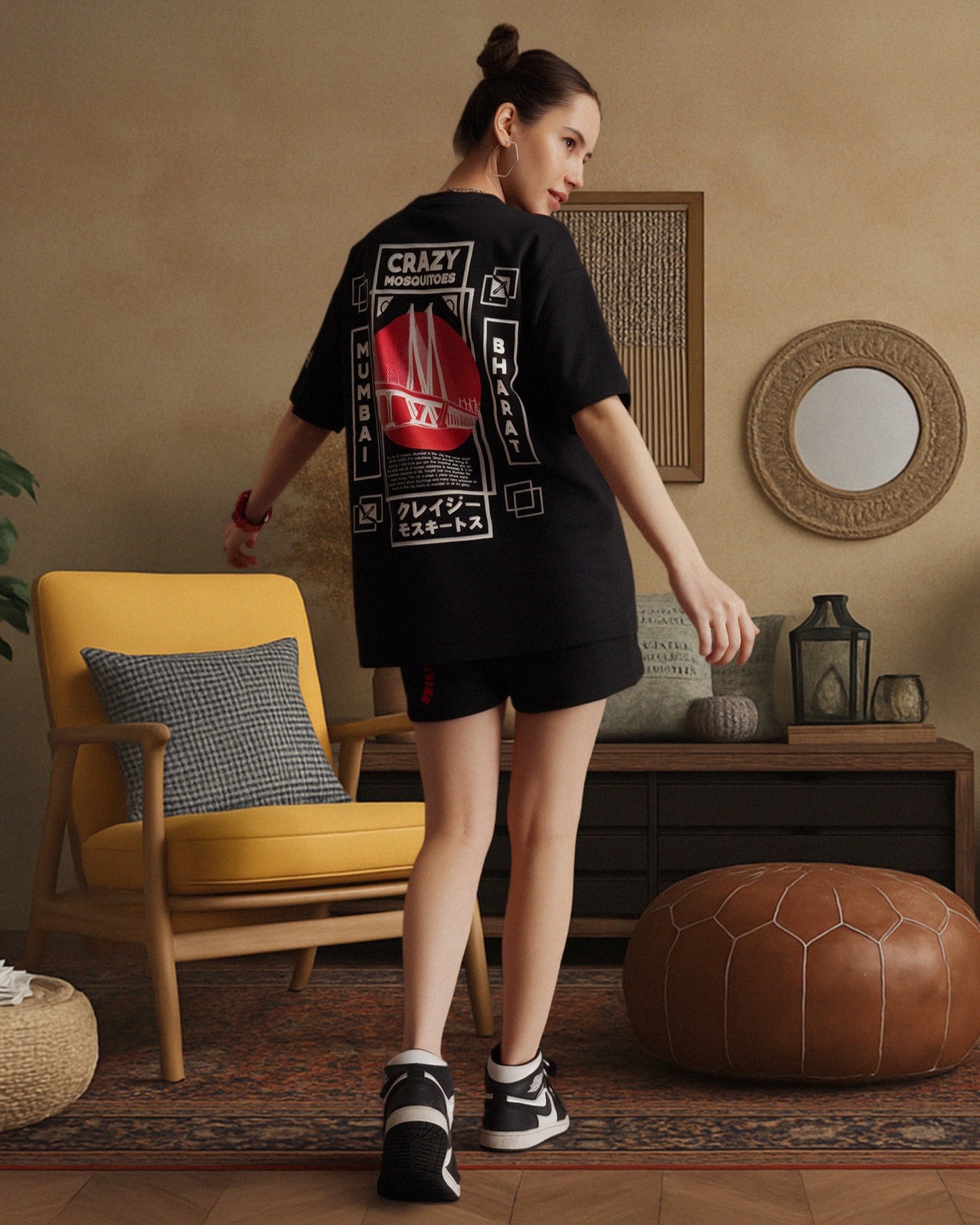 Mumbai Terry Drop Shoulder T-Shirt in Black