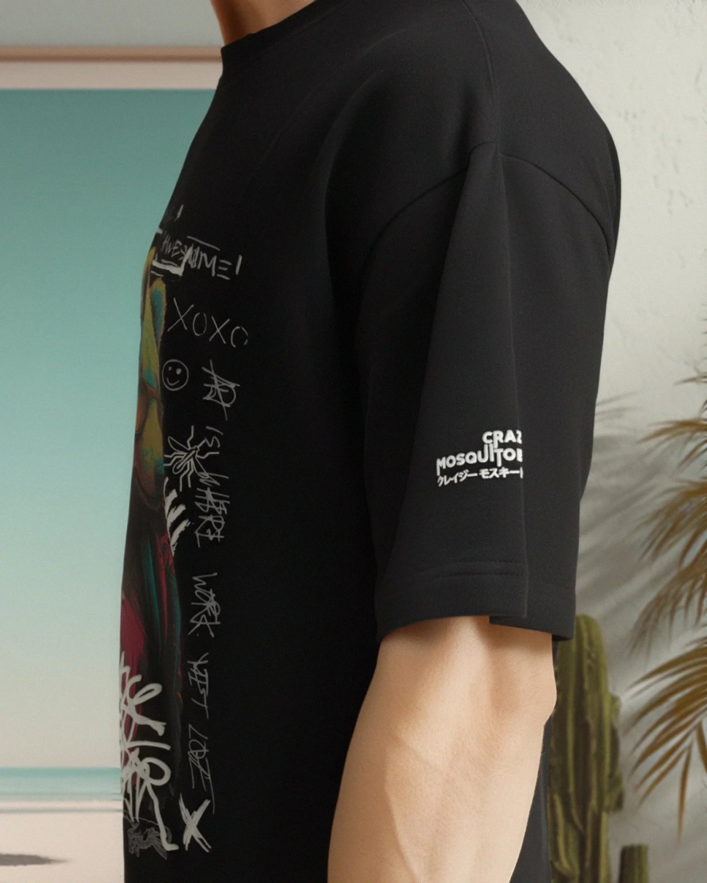 Psy Bear Terry Drop Shoulder T-Shirt in Black